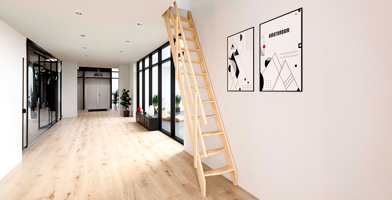 Escada de moleiro com design simples e funcional, ideal para acessar plataformas elevadas.