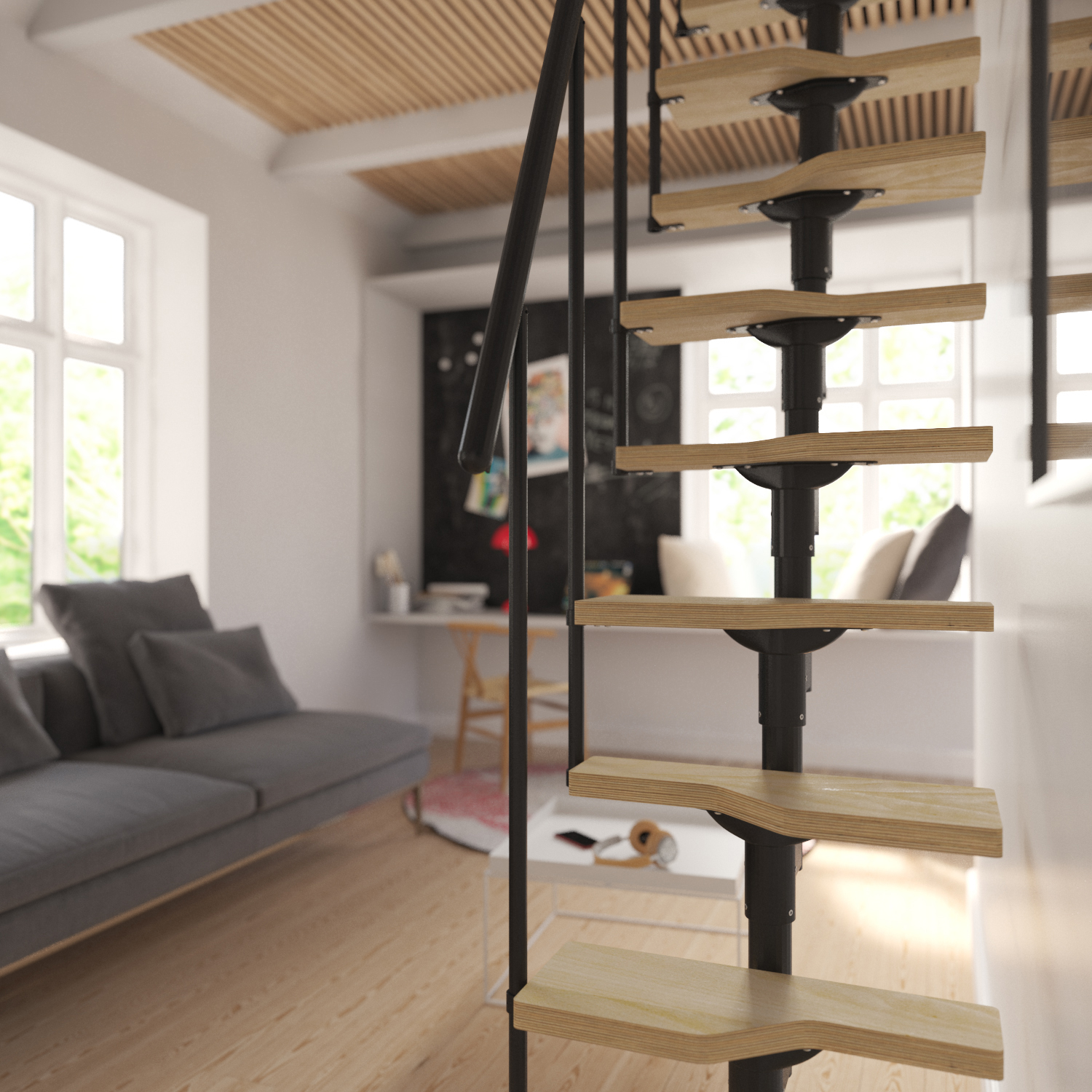 Escada ATLANTA com degraus de madeira e estrutura em metal preto em um interior moderno e aconchegante.