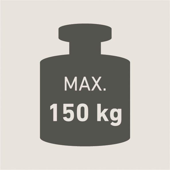 Ícone de um peso etiquetado "Max. 150 kg", indicando a capacidade de carga máxima.