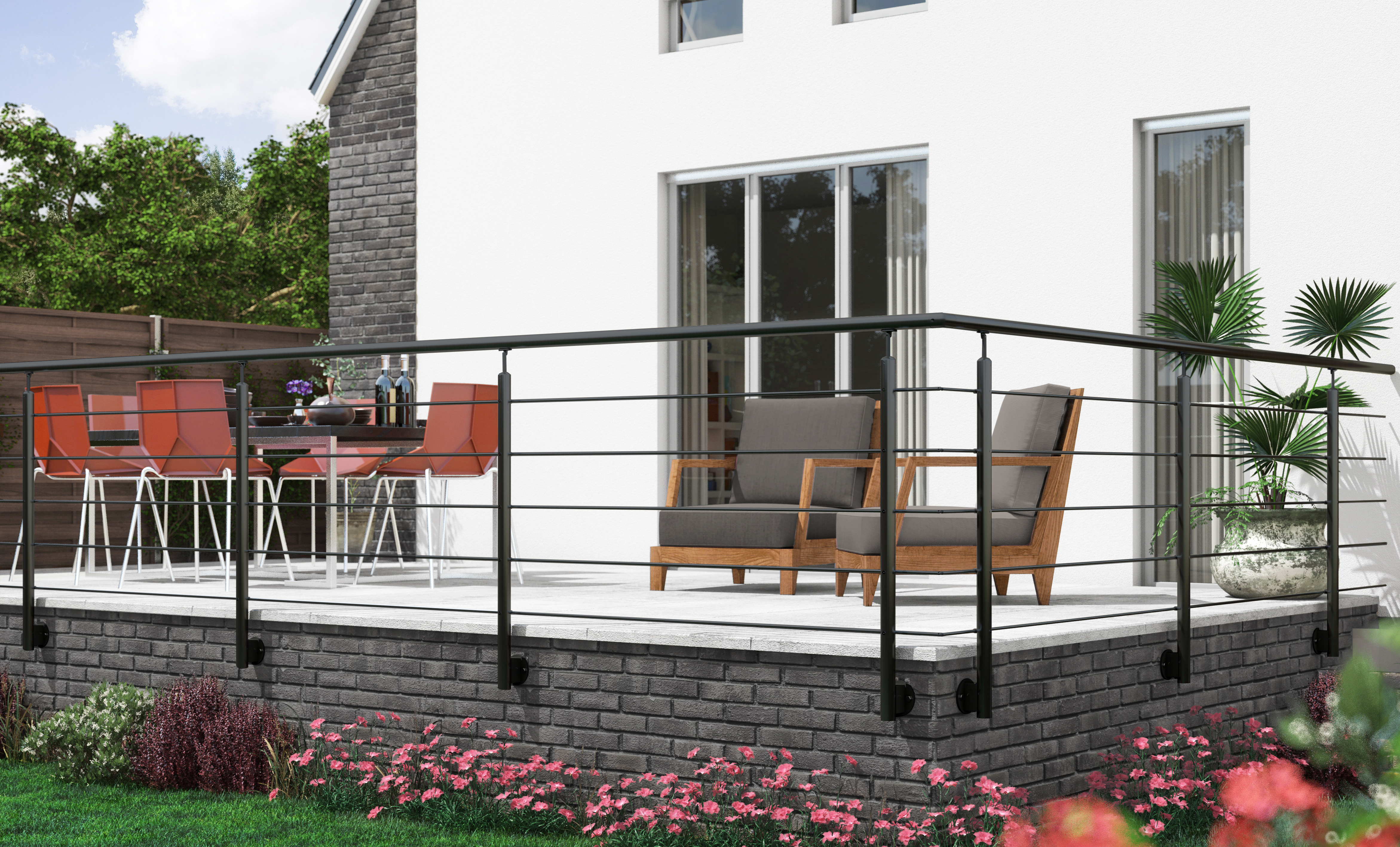 Guarda-corpos CLEAN BLACK: design minimalista em alumínio, resistente às intempéries, kits modulares de 150 cm.