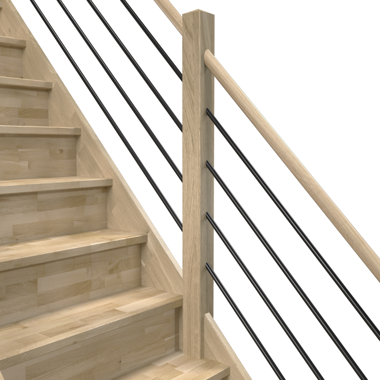 Imagem de uma escada com contramarcas fechadas e corrimão contemporâneo, com trilhos em tubo de aço preto horizontal, para um visual ousado e industrial.