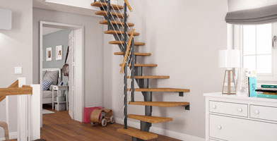 Uma escada modular com design elegante e personalizável, ideal para interiores adaptáveis.