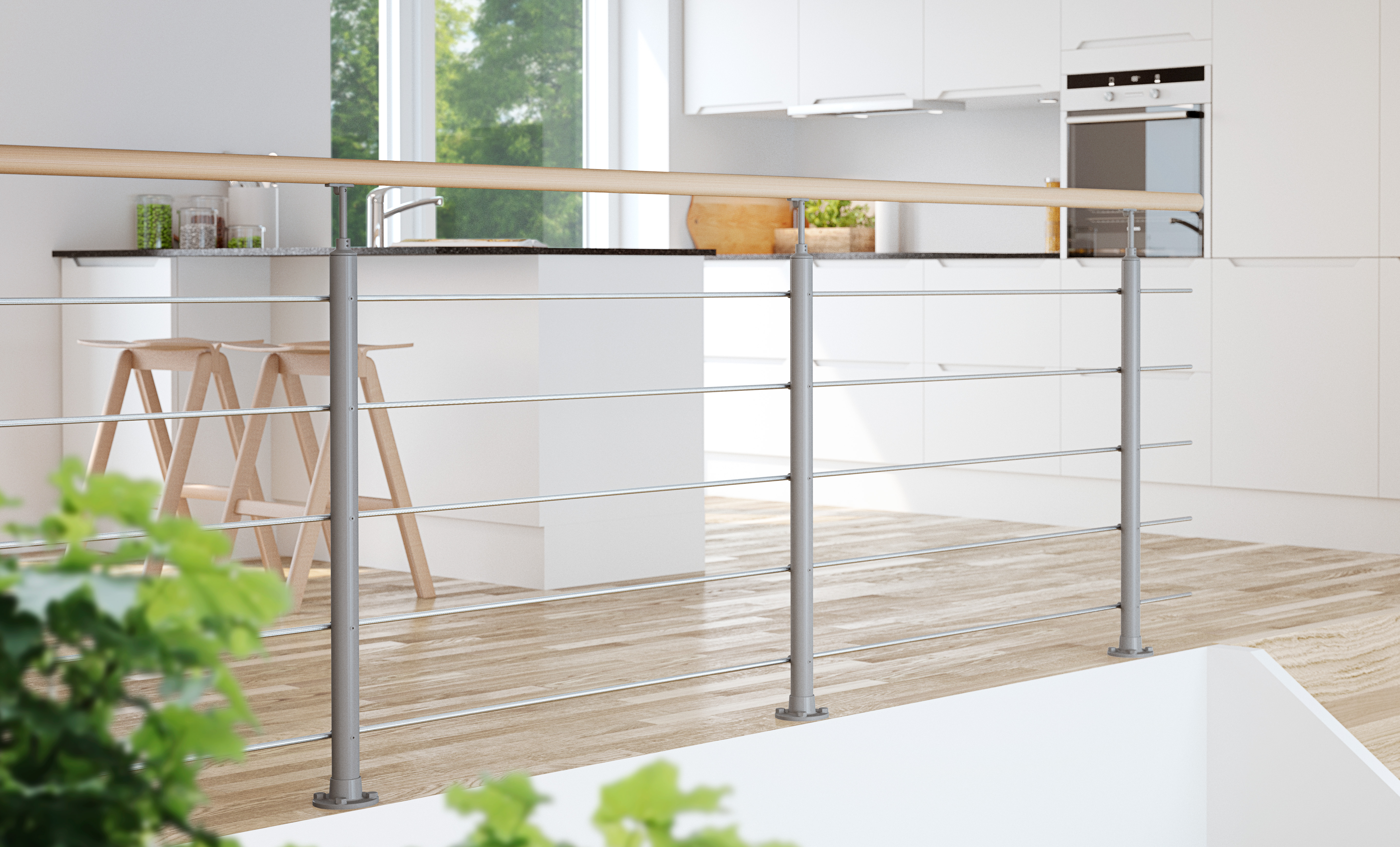 Guarda-corpos INTERIO: design elegante em madeira e aço, fixação na parede ou no chão.