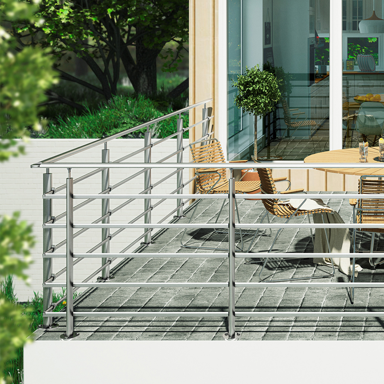 Terraço moderno com guarda-corpos em aço inoxidável, mobiliário externo e ambiente verde.