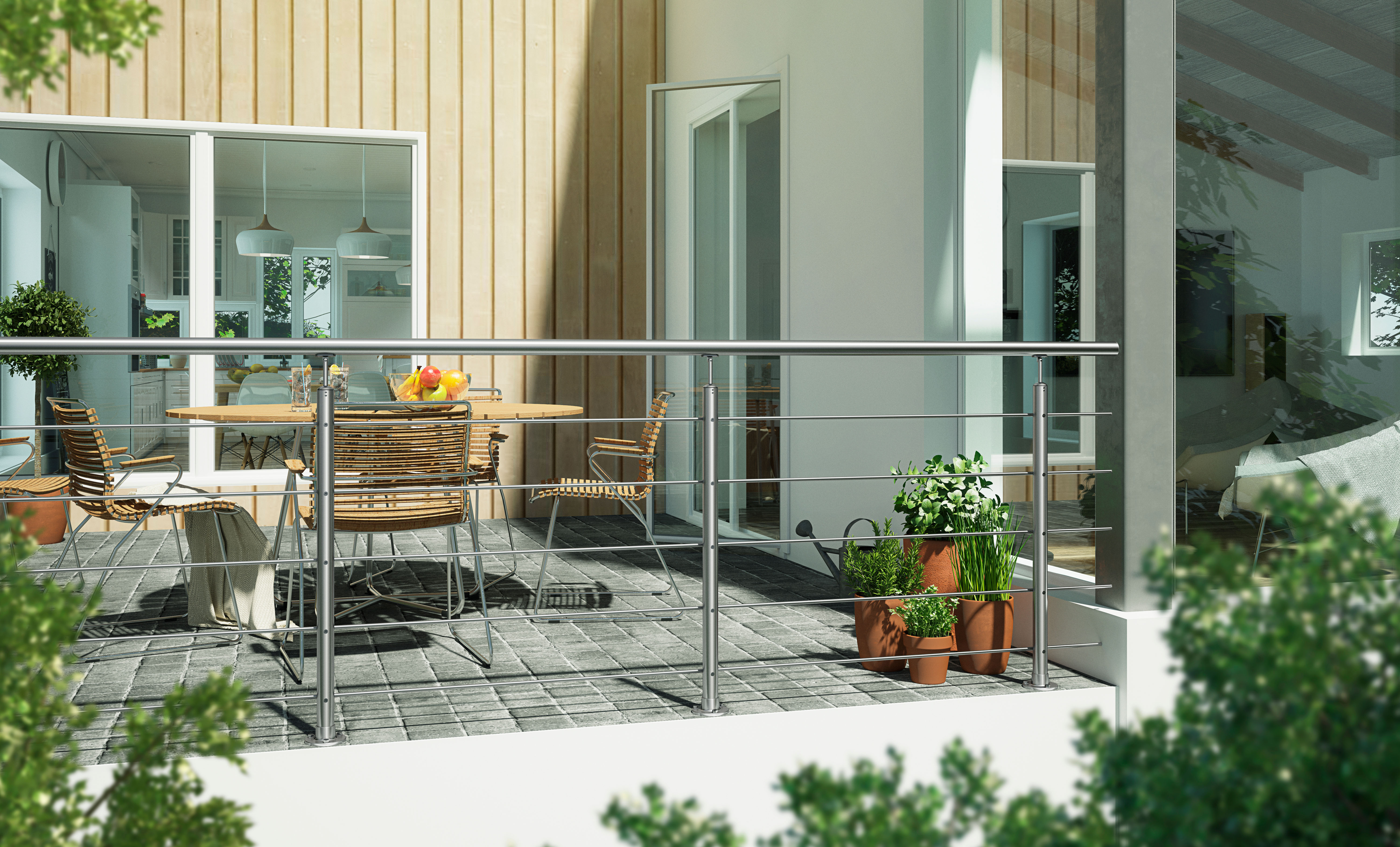Guarda-corpos HARMONY: aço inoxidável, resistente às intempéries, adequado para interior e exterior.