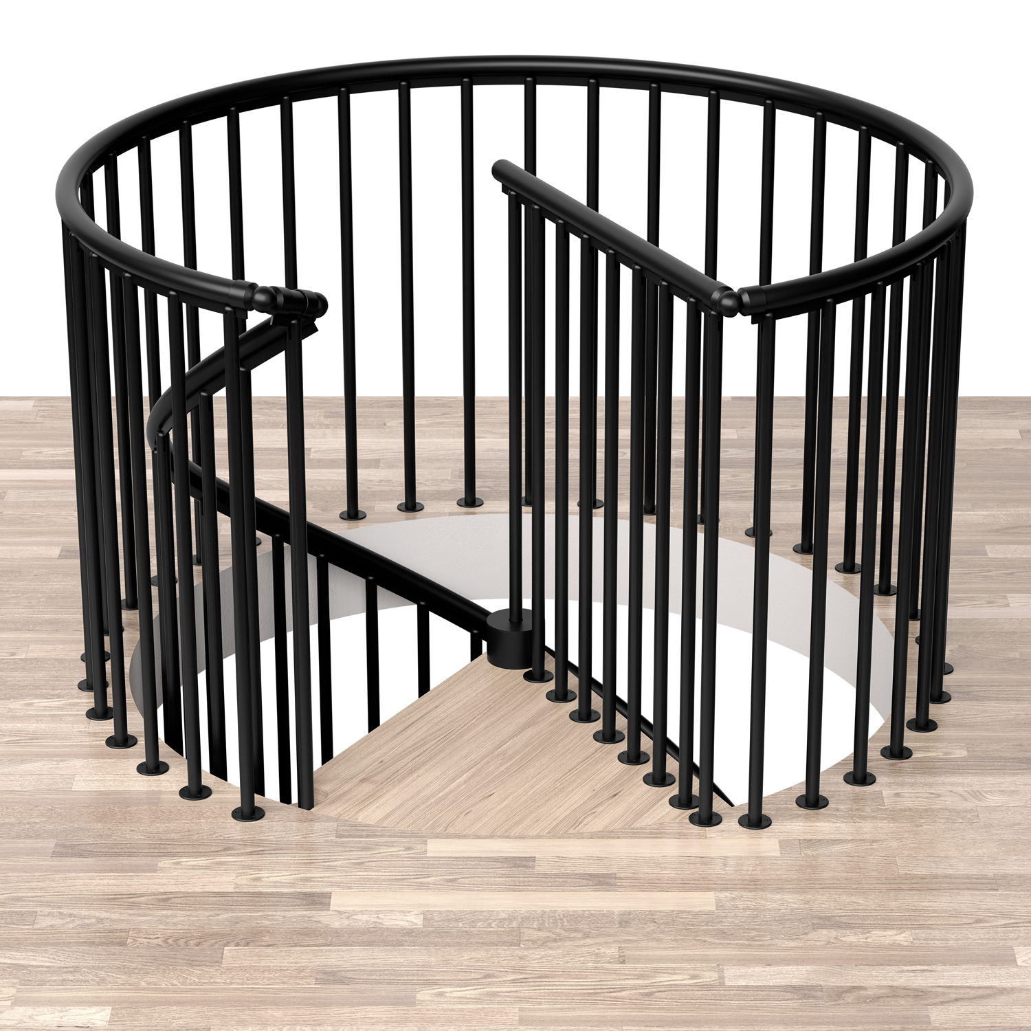 Escada espiral rodeada por um guarda-corpos metálico circular preto, instalada sobre um piso de madeira.