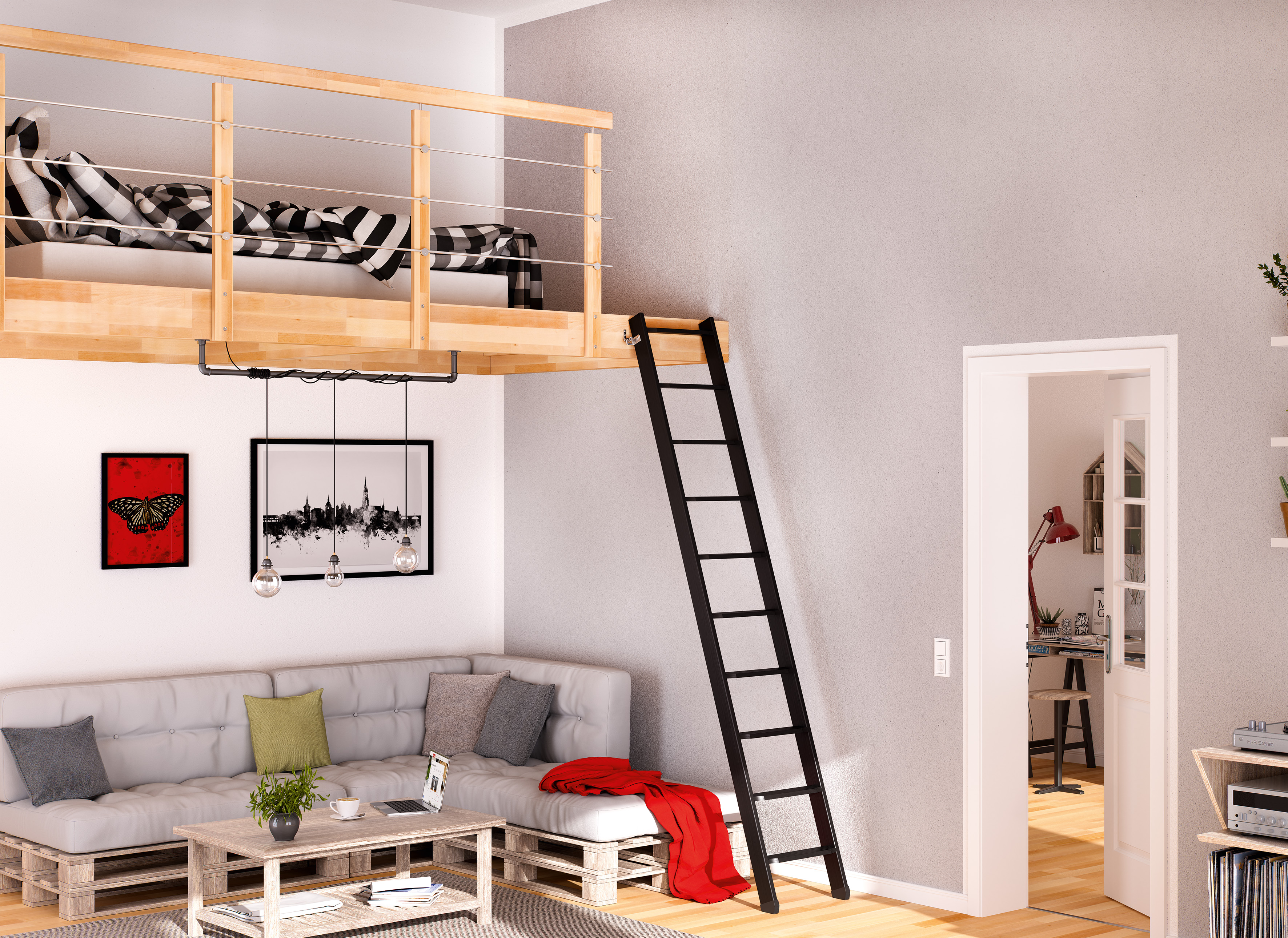 Escada de mezanino preta para cama elevada.