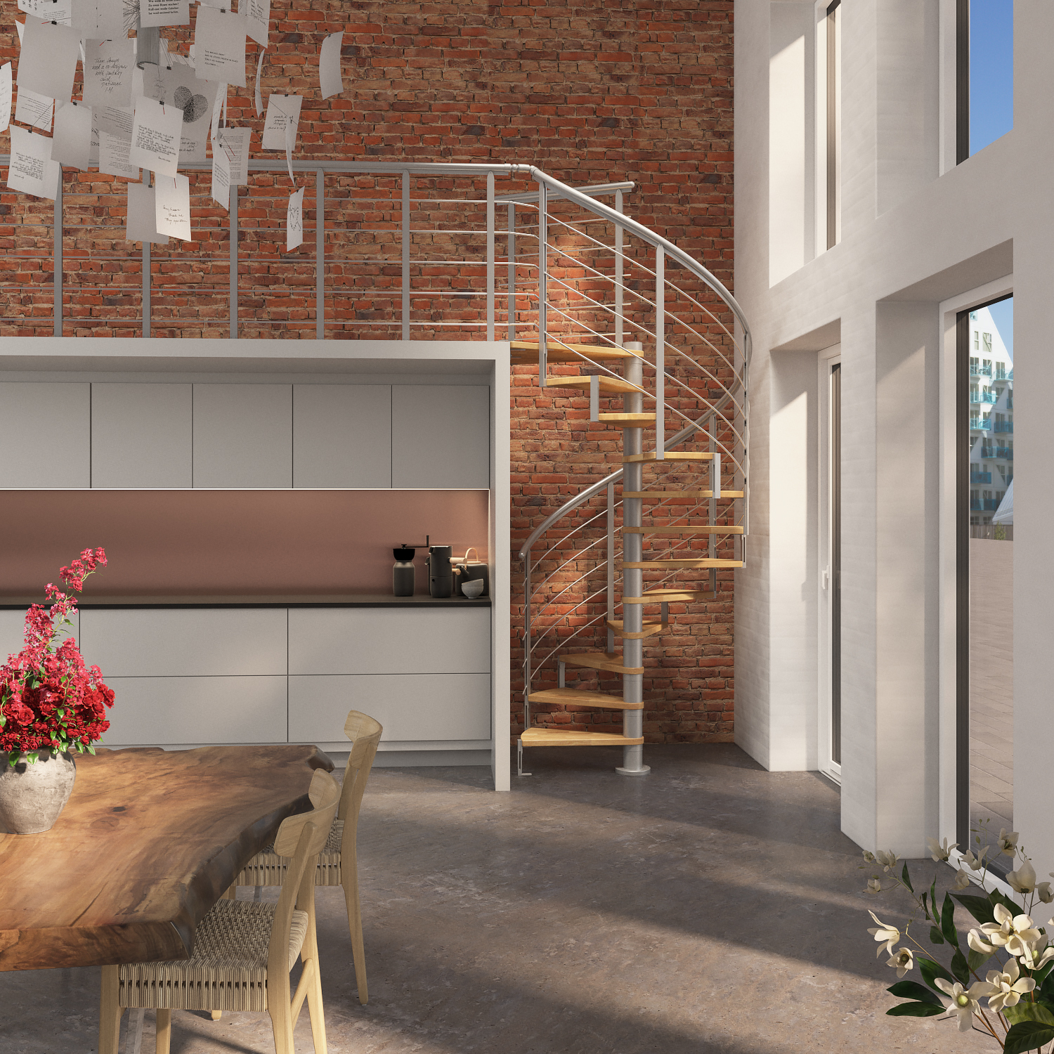 Escada helicoidal MONTREAL elegante com degraus de madeira e metal, em uma cozinha e sala integradas com parede de tijolos.