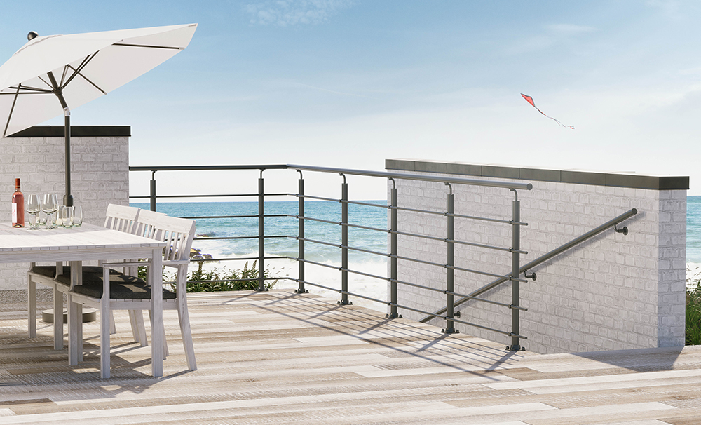 Guarda-corpos NEW RONDO RAL 7016: alumínio resistente às intempéries, acabamento em antracite, kits modulares.