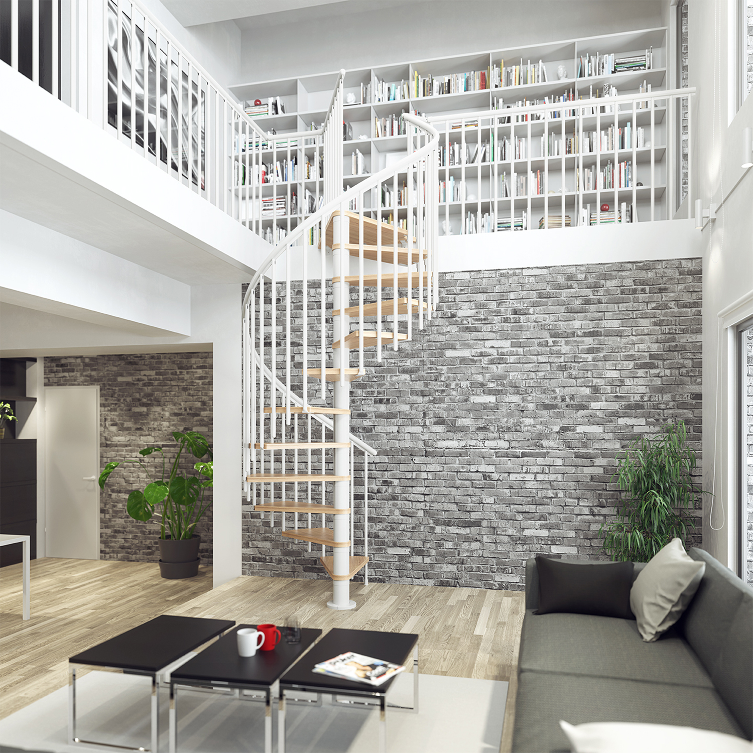 Escada espiral branca com degraus de madeira em um loft moderno com parede de tijolos.