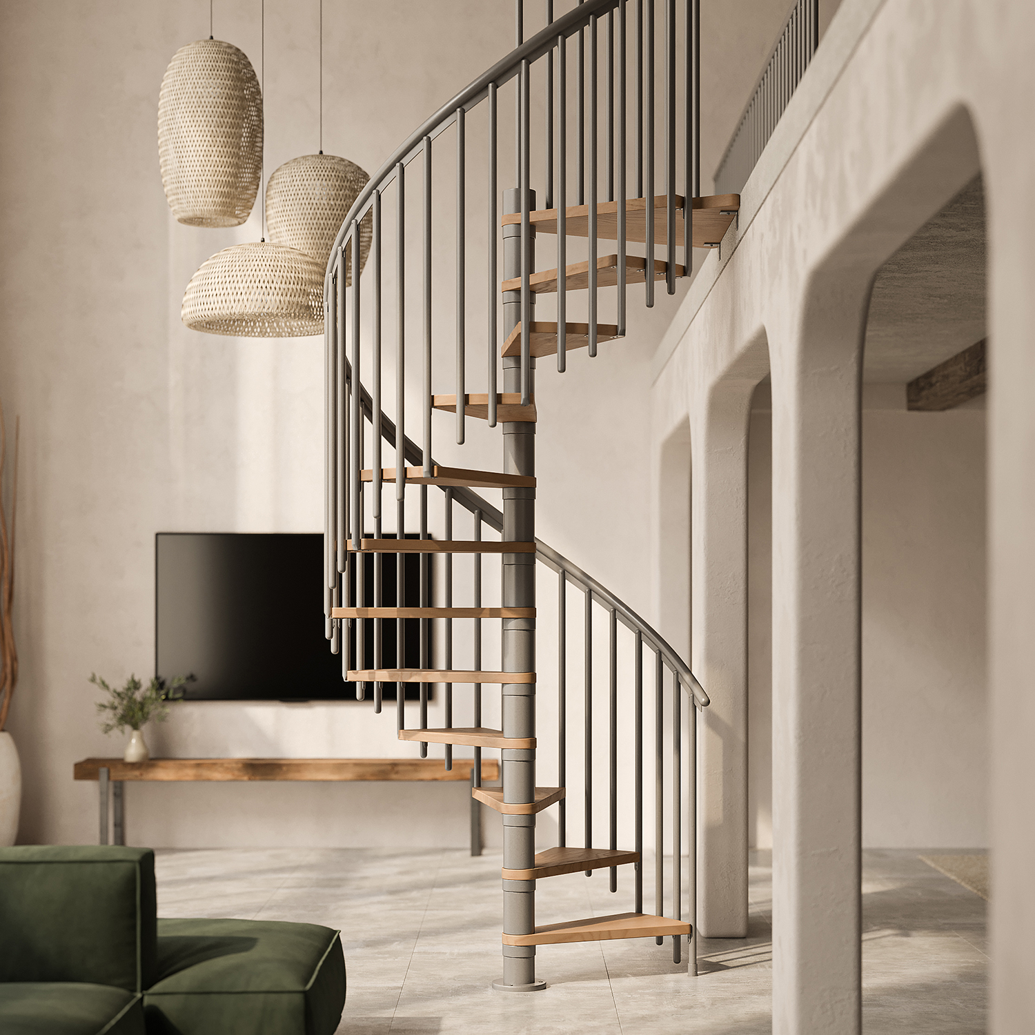 Escada espiral com corrimãos em metal cinza e degraus de madeira em um interior minimalista.