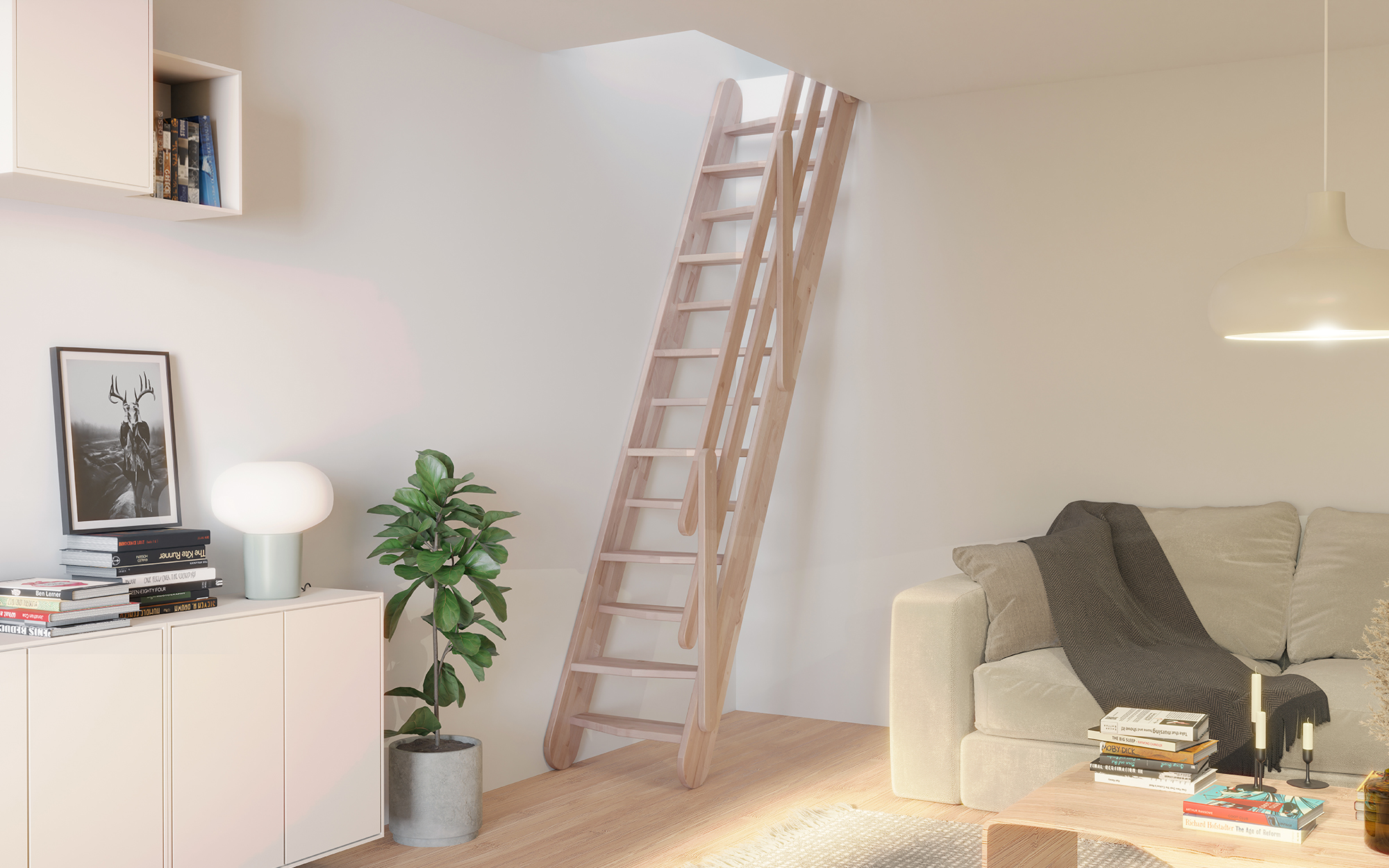 Escada econômica em espaço em faia OSAKA em uma sala de estar.