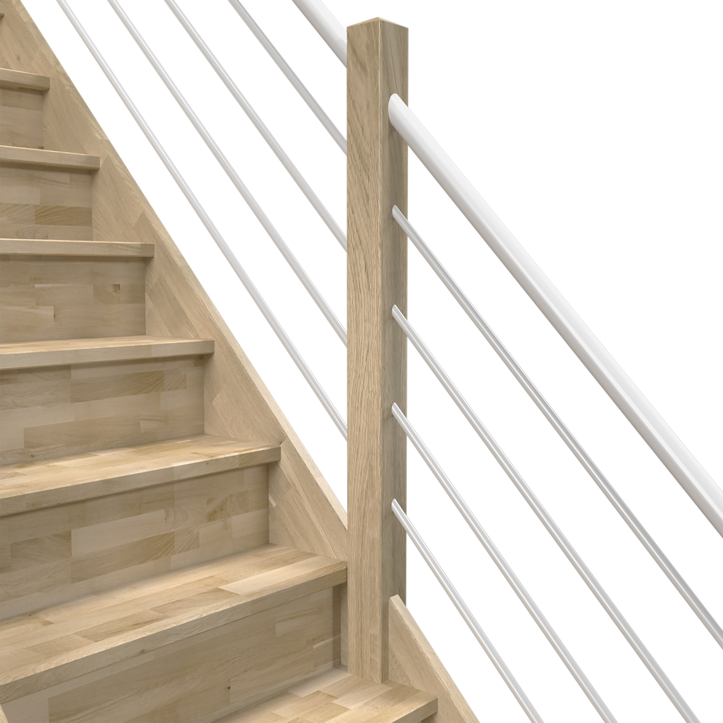 Imagem de uma escada com degraus abertos e corrimão moderno, com trilhos em tubo de aço branco horizontal, para um estilo elegante e minimalista.
