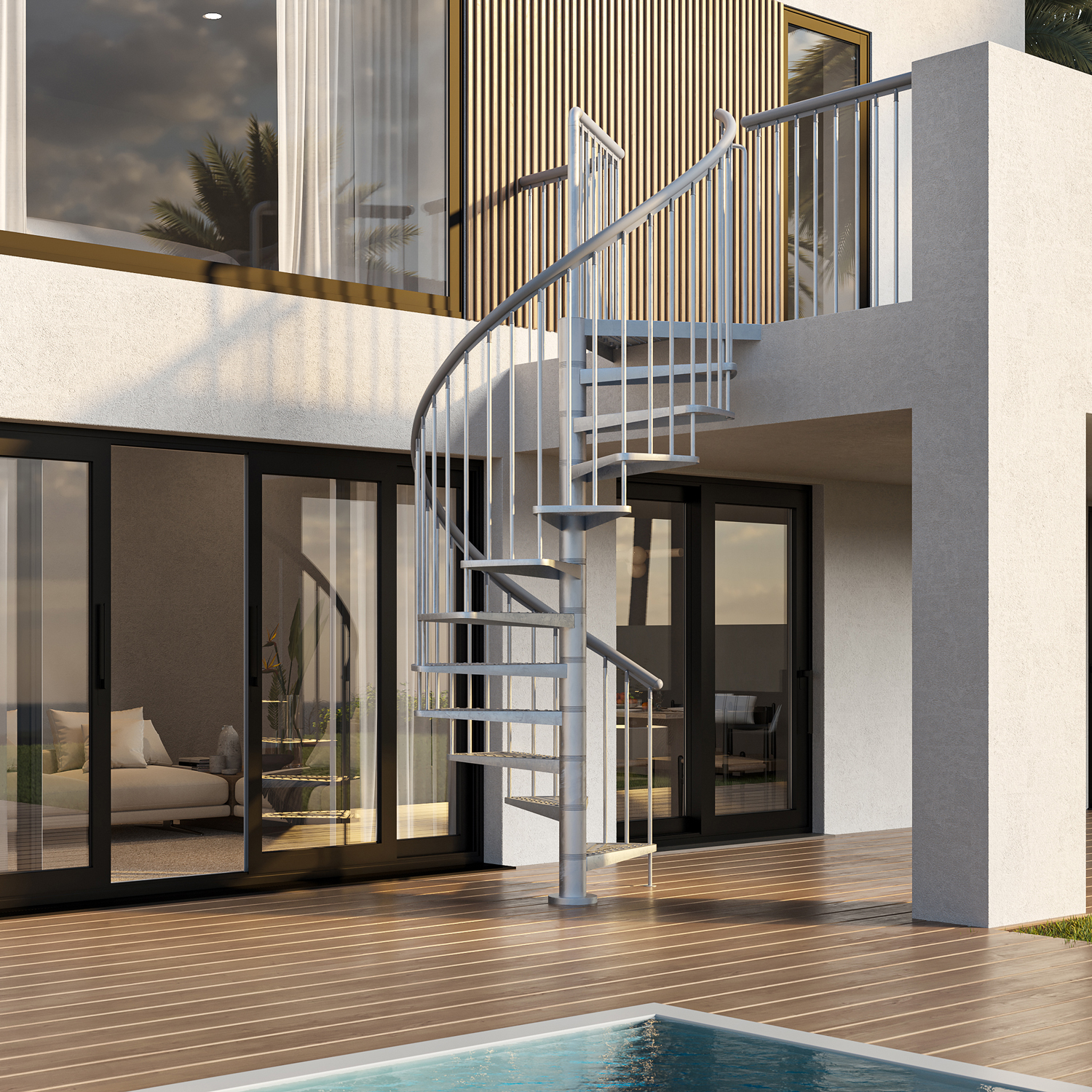 Escada helicoidal externa GARDENSPIN em aço galvanizado, ao lado de um terraço à beira da piscina com arquitetura moderna.