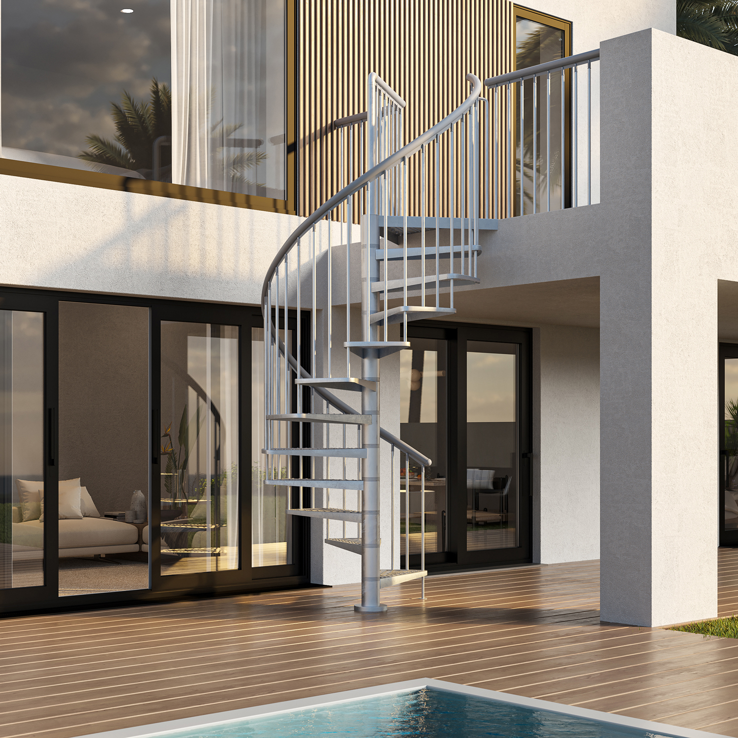 Escada espiral de metal levando a um balcão, localizada perto de portas de vidro e com vista para uma piscina.