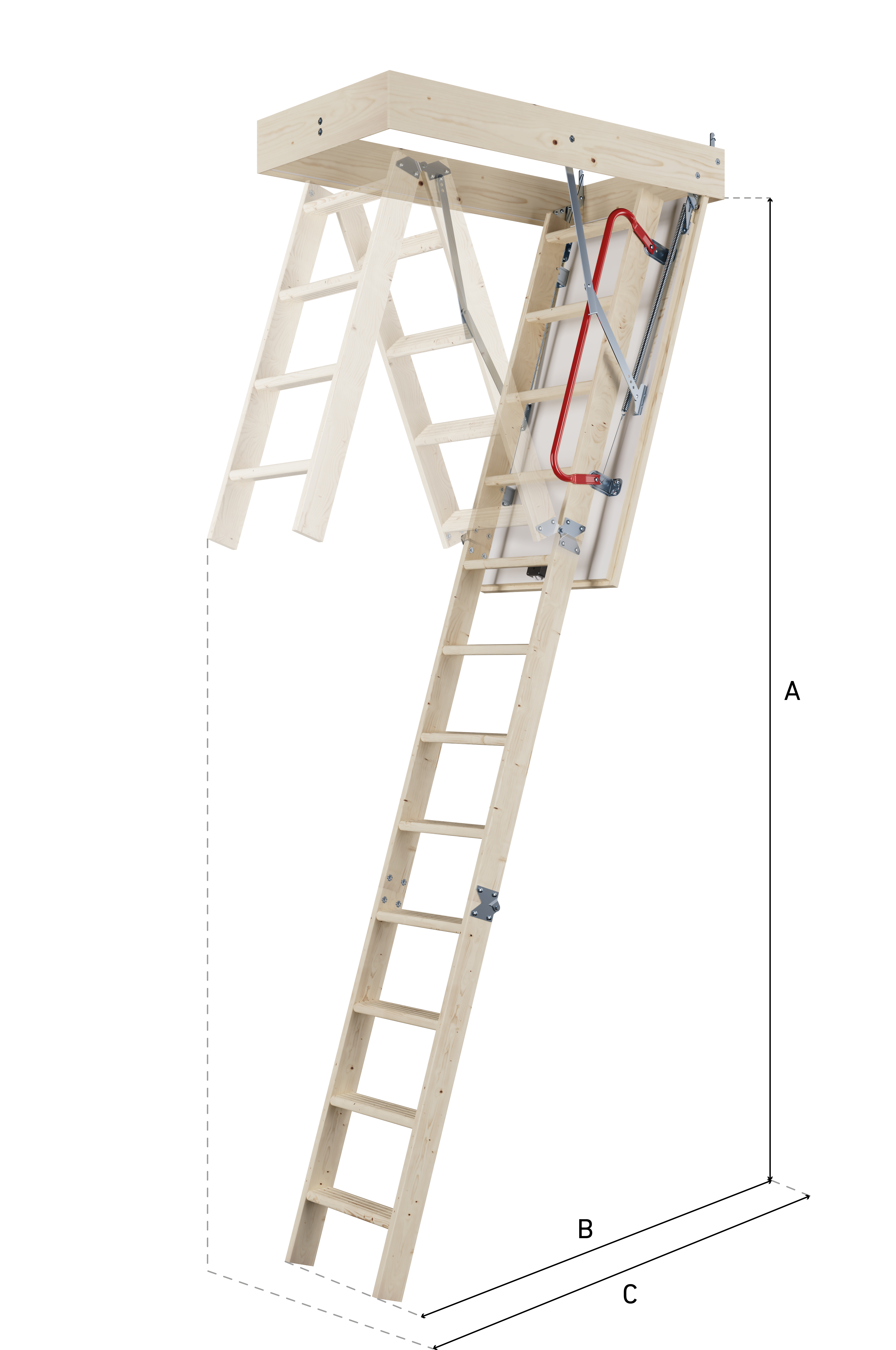 Escada retrátil de madeira fixada a uma escotilha de telhado, completamente desdobrada com dimensões etiquetadas para altura, projeção e comprimento.