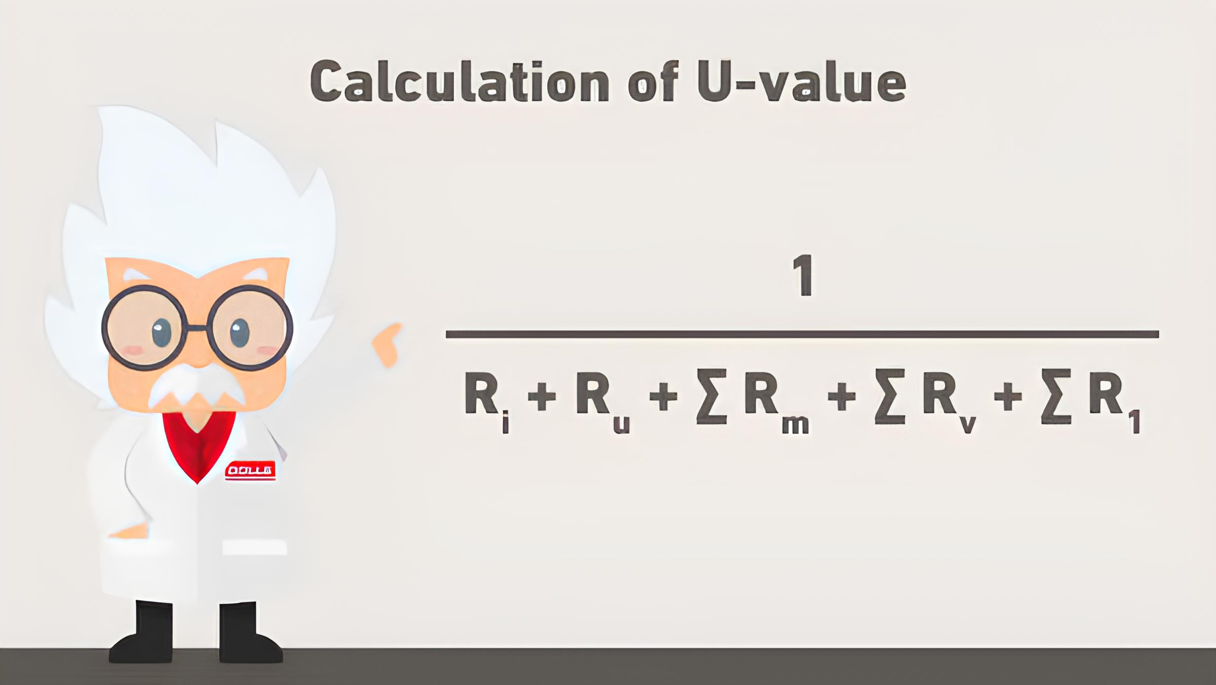 Ilustração de um personagem científico explicando a fórmula para o cálculo do valor U, com uma equação matemática no quadro.