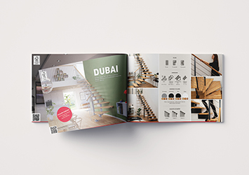 Imagem de um folheto com uma escada Dubai na capa, com um logo SOGEM vermelho e um quadro exterior.