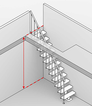 Diagrama de uma escada reta com setas vermelhas mostrando as medidas de altura e comprimento.