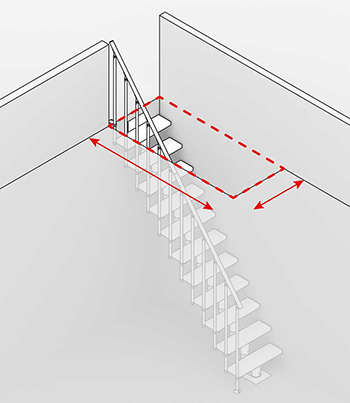 Diagrama de uma escada reta com setas vermelhas mostrando as medidas de abertura da caixa de escada.