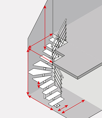 Diagrama de uma escada de quarto de volta com setas vermelhas indicando as dimensões-chave, como a altura, o raio e os ângulos dos degraus.