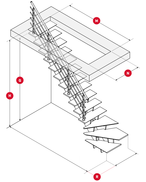 Diagrama isométrico de uma escada com dimensões etiquetadas, incluindo a altura, a largura e o comprimento dos degraus.