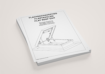 Imagem de um livreto intitulado "Instruções de montagem de escotilha de telhado plano", mostrando um desenho técnico de uma escotilha de telhado na capa.