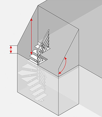 Diagrama de uma escada 1/4 de volta com setas vermelhas mostrando as medidas do espaço necessário sob o sótão.