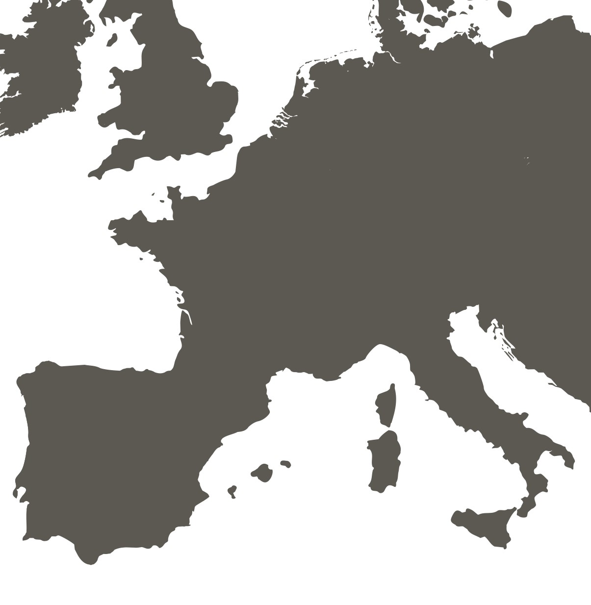Mapa em silhueta do Oeste e Sul da Europa, incluindo países como França, Espanha, Itália e Reino Unido.