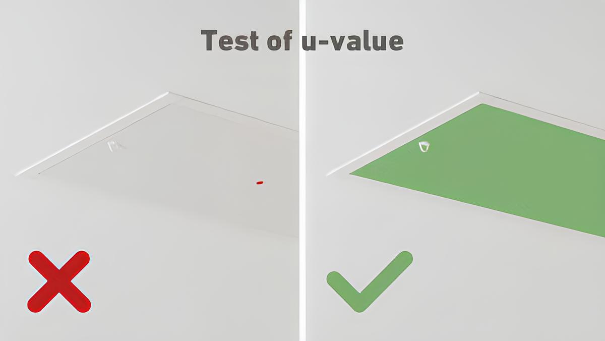 Comparação de teste de valor U: à esquerda, um resultado não conforme com uma cruz vermelha, à direita, um resultado conforme com um check verde.